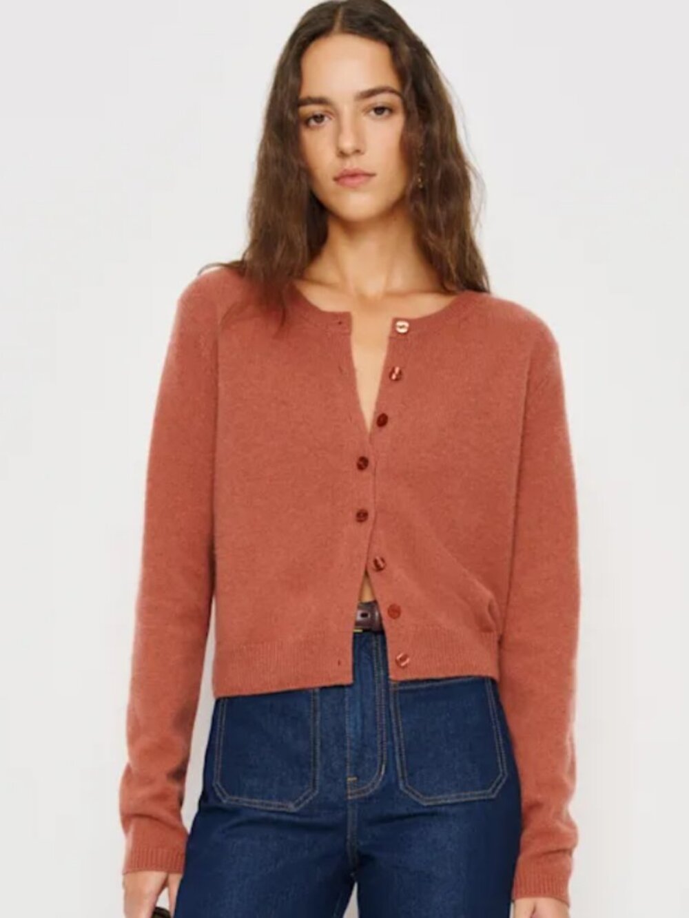 Reformation Clara Cashmere Crew Cardigan Rosewood, S